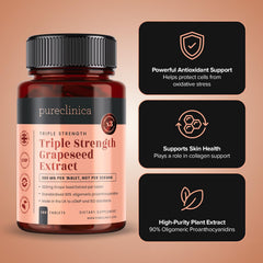 Pouring PureClinica Grape Seed Extract tablets from the bottle for convenient daily use.