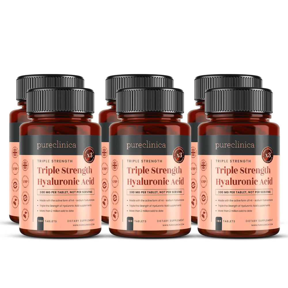 Pureclinica Hyaluronic Acid tablets bottle front highlighting triple-strength formula for daily support