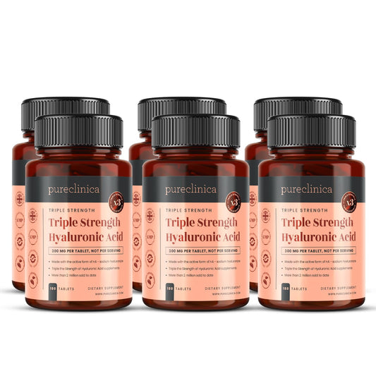 Pureclinica Hyaluronic Acid tablets bottle front highlighting triple-strength formula for daily support