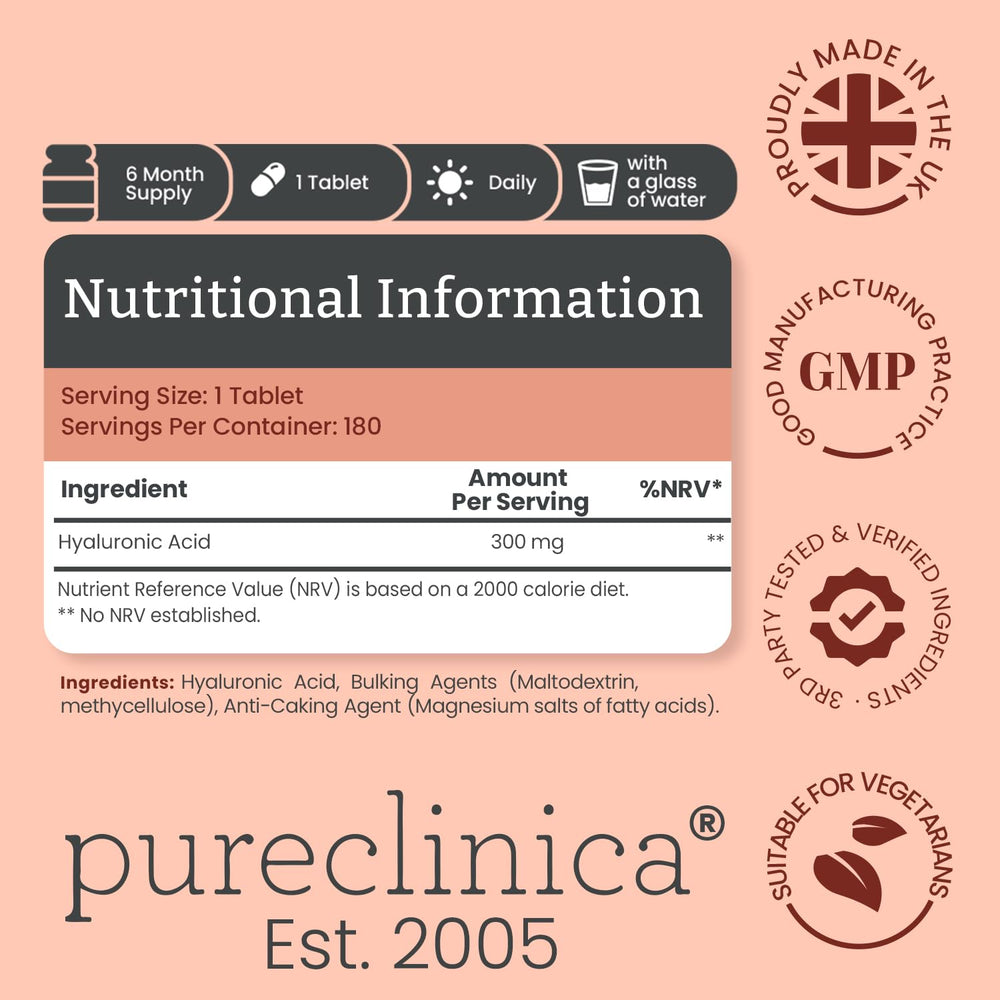 PureClinica hyaluronic acid tablets close-up reveals 300mg dosage for easy daily use.