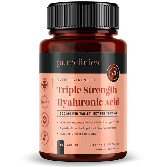 PureClinica triple-strength hyaluronic acid bottle for daily hydration and skin support.