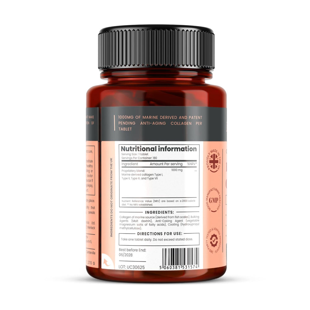 PureClinica Ultracoll Marine Collagen tablets close-up highlighting 1000 mg dose