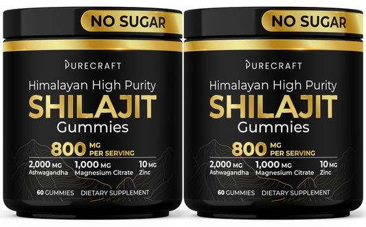PURECRAFT Himalayan Shilajit Gummies bottle shows 800mg energy support formula for daily use.