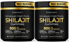 PURECRAFT Himalayan Shilajit Gummies bottle shows 800mg energy support formula for daily use.
