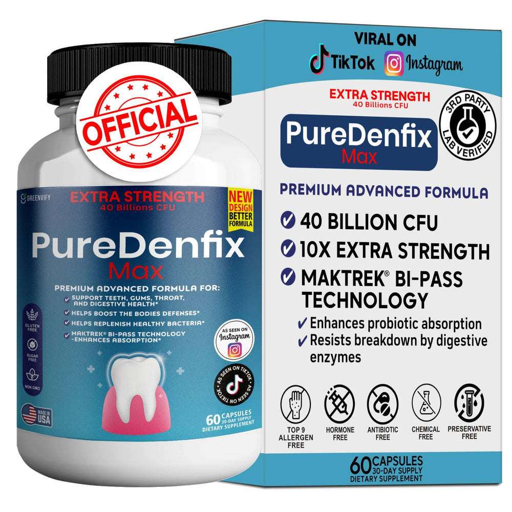 PureDenfix Max bottle front showcases extra strength probiotic for digestive and oral wellness.