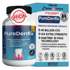 PureDenfix Max bottle front showcases extra strength probiotic for digestive and oral wellness.