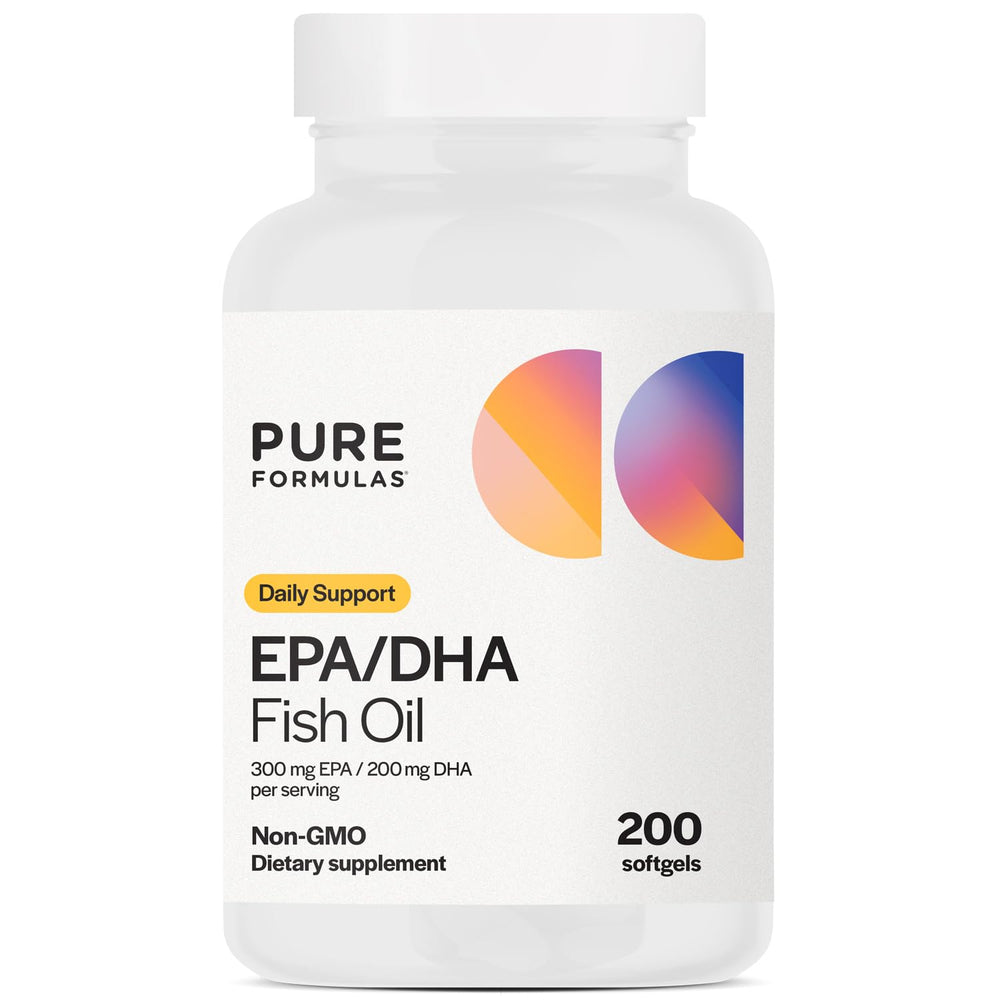 PureFormulas EPA DHA softgels bottle front, daily omega-3 support.