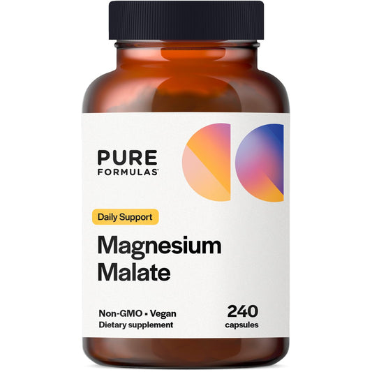 PureFormulas Magnesium Malate Capsules bottle highlights high bioavailability for energy support.