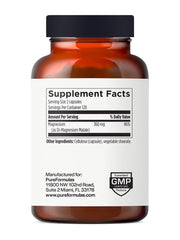 PureFormulas magnesium malate capsules image illustrates US-made GMP quality.