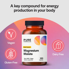 PureFormulas magnesium malate capsules closeup highlighting compact size for easy daily use.