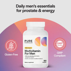 PureFormulas Multivitamin for Men bottle back label, daily nutrient support notes.
