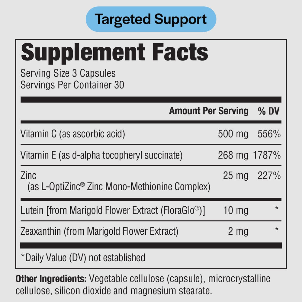 PureFormulas Pure Eye Support label close-up showing lutein 10 mg and zeaxanthin 2 mg.