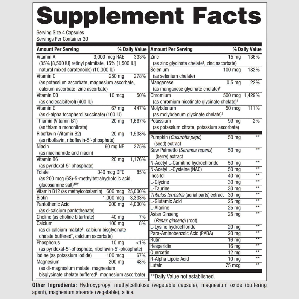 PureFormulas PureMulti for Men label detailing vitamins and minerals for daily wellness.