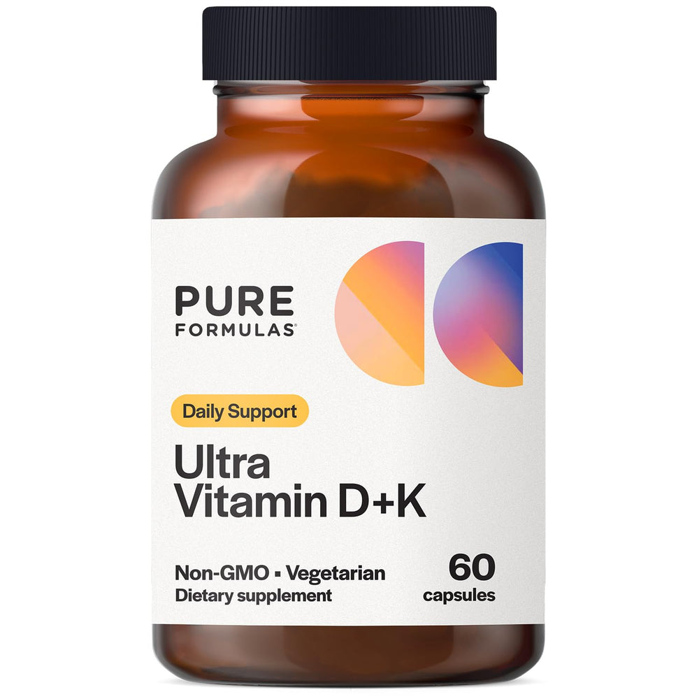 PureFormulas Vitamin D3 K2 5000 IU bottle closeup showing immune and bone support potential.