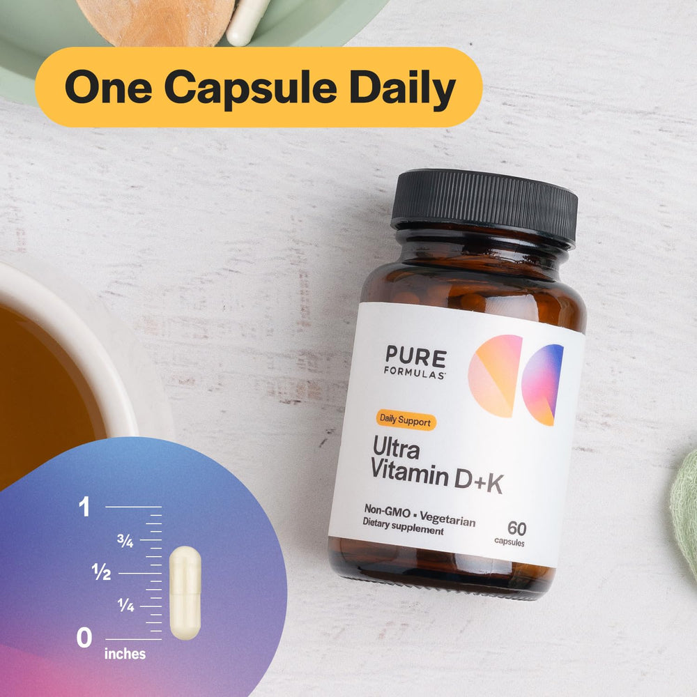 PureFormulas Vitamin D3 K2 5000 IU label detail highlights potency and ingredients.