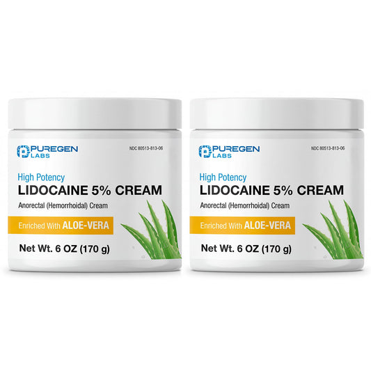 Puregen Labs 5% Lidocaine Cream tube close-up for targeted anorectal use.