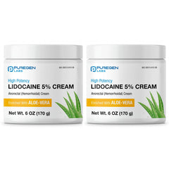 Puregen Labs 5% Lidocaine Cream tube close-up for targeted anorectal use.