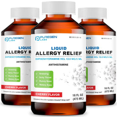 Puregen Labs Allergy Relief bottle for on-the-go symptom support.
