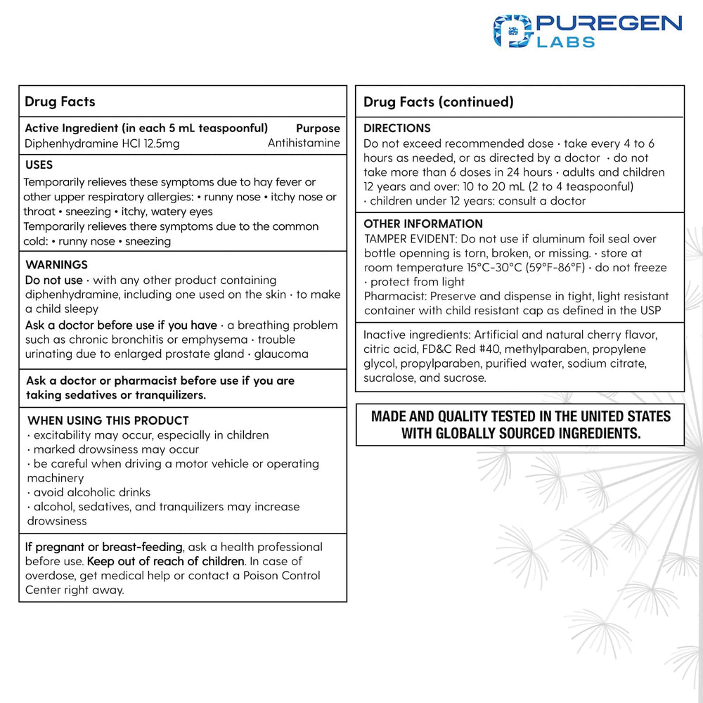 Puregen Labs Allergy Relief cherry flavor close-up showing pleasant taste for easy dosing.