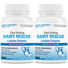 Puregen Labs Dairy Relief bottle showing fast-acting lactase for comfortable dairy moments.