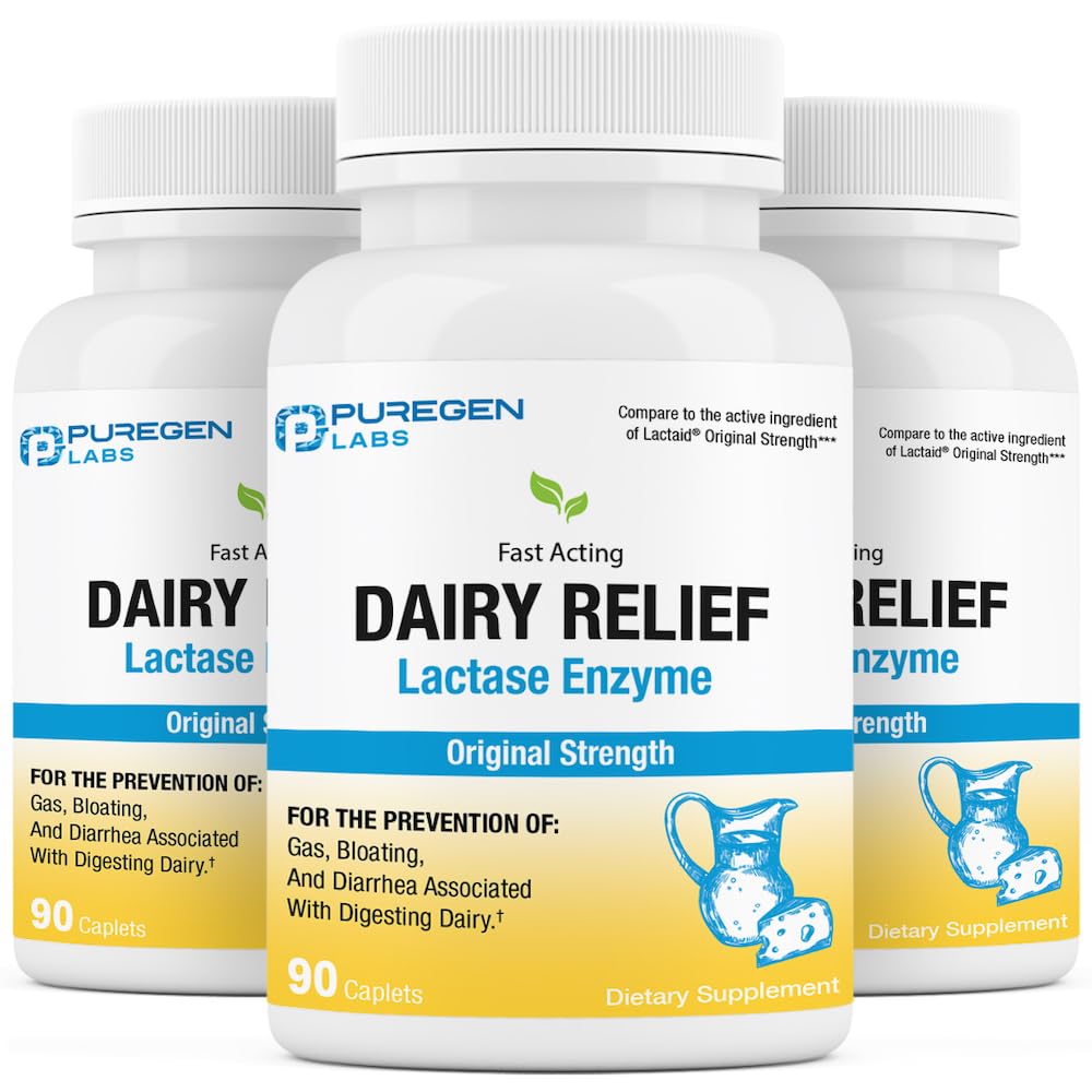Puregen Labs Dairy Rescue bottle on table supports lactose digestion during dairy meals.