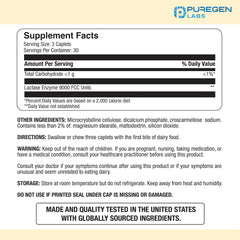 Puregen Labs Dairy Rescue caplets close-up highlighting fast-acting enzyme for lactose tolerance.