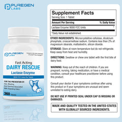 Puregen Labs Dairy Rescue tablets close-up highlighting maximum strength lactase for dairy digestion.