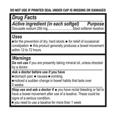 Puregen Labs Docusate Sodium softgels 250mg close-up highlights easy-to-swallow capsules