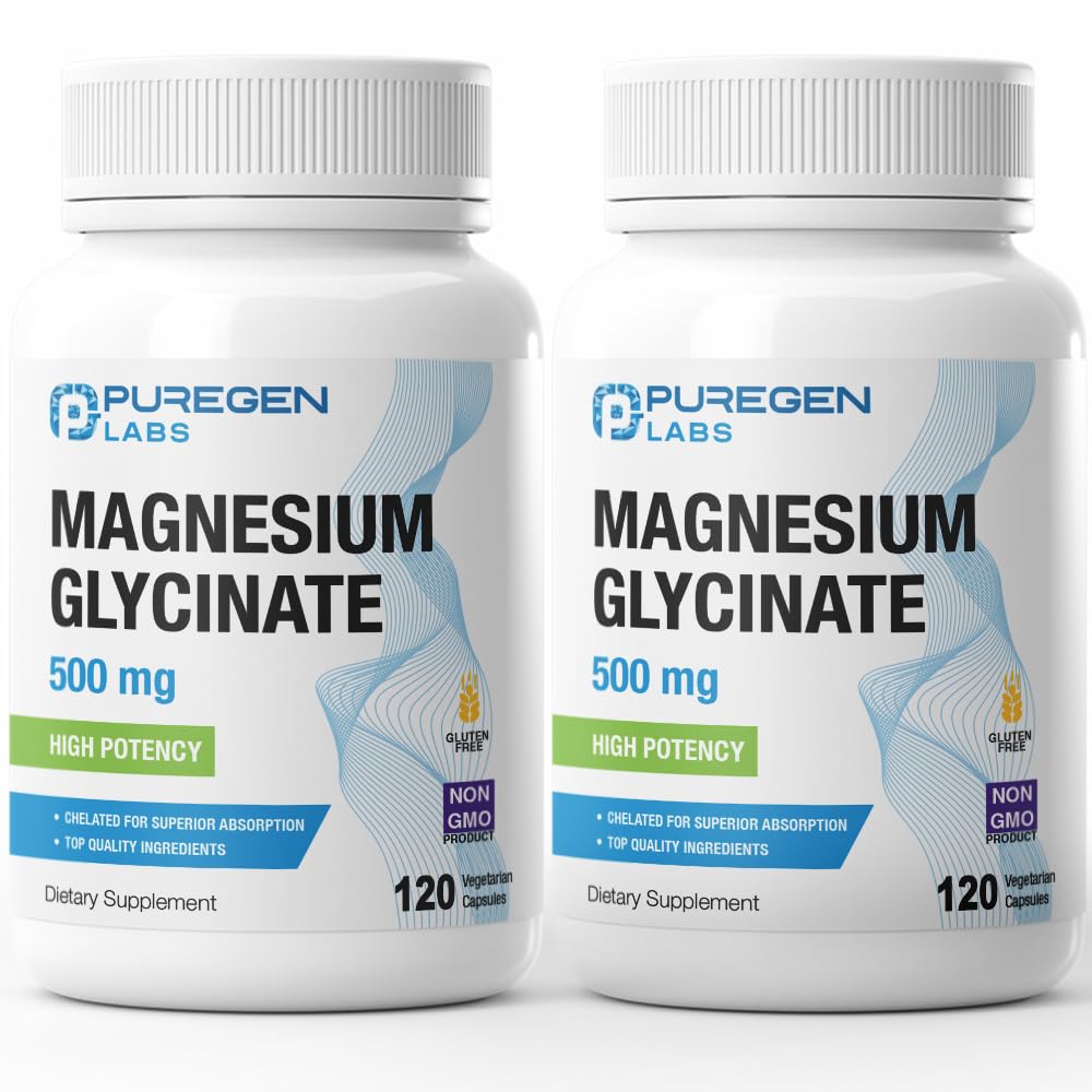Puregen Labs Magnesium Glycinate 500mg bottle front view highlights high-potency formulation.
