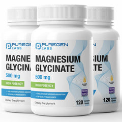 Puregen Labs Magnesium Glycinate 500mg veggie caps bottle front showing high potency appeal