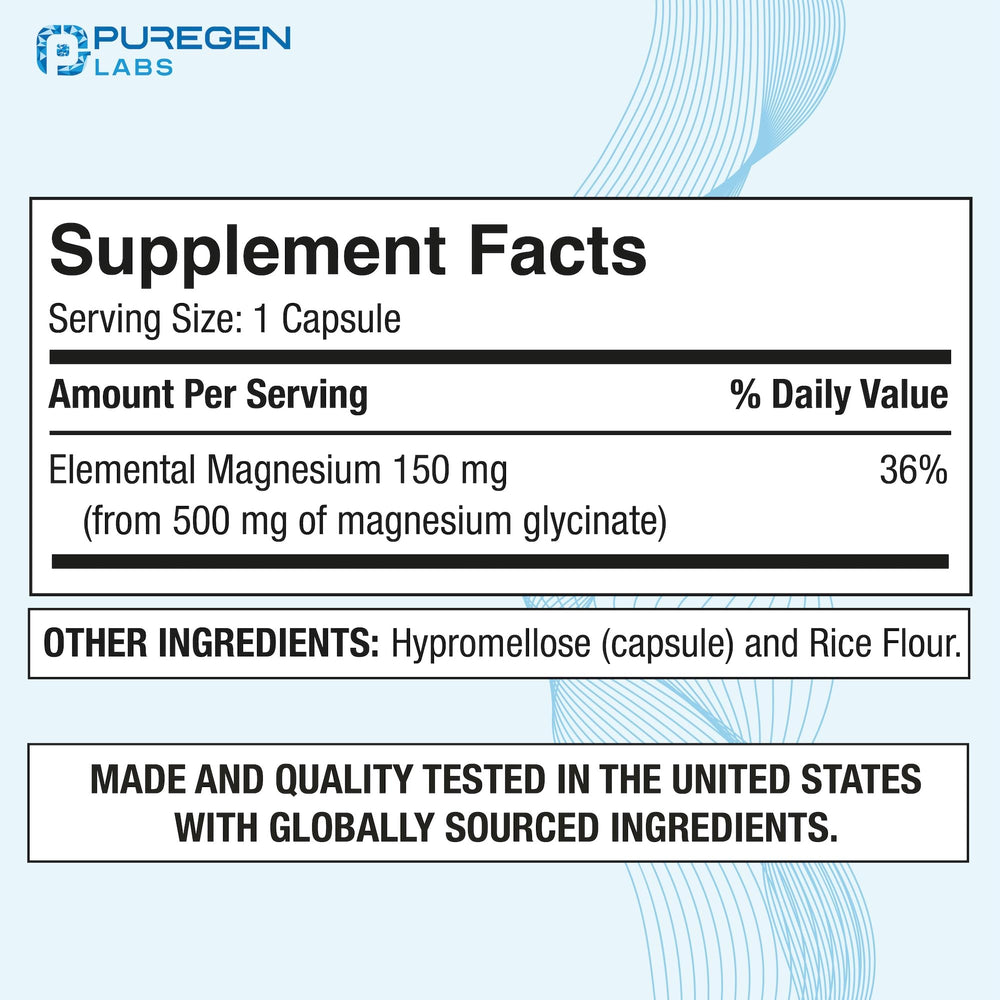 Puregen Labs Magnesium Glycinate 500mg bottle spine with gluten-free and allergen-free highlights