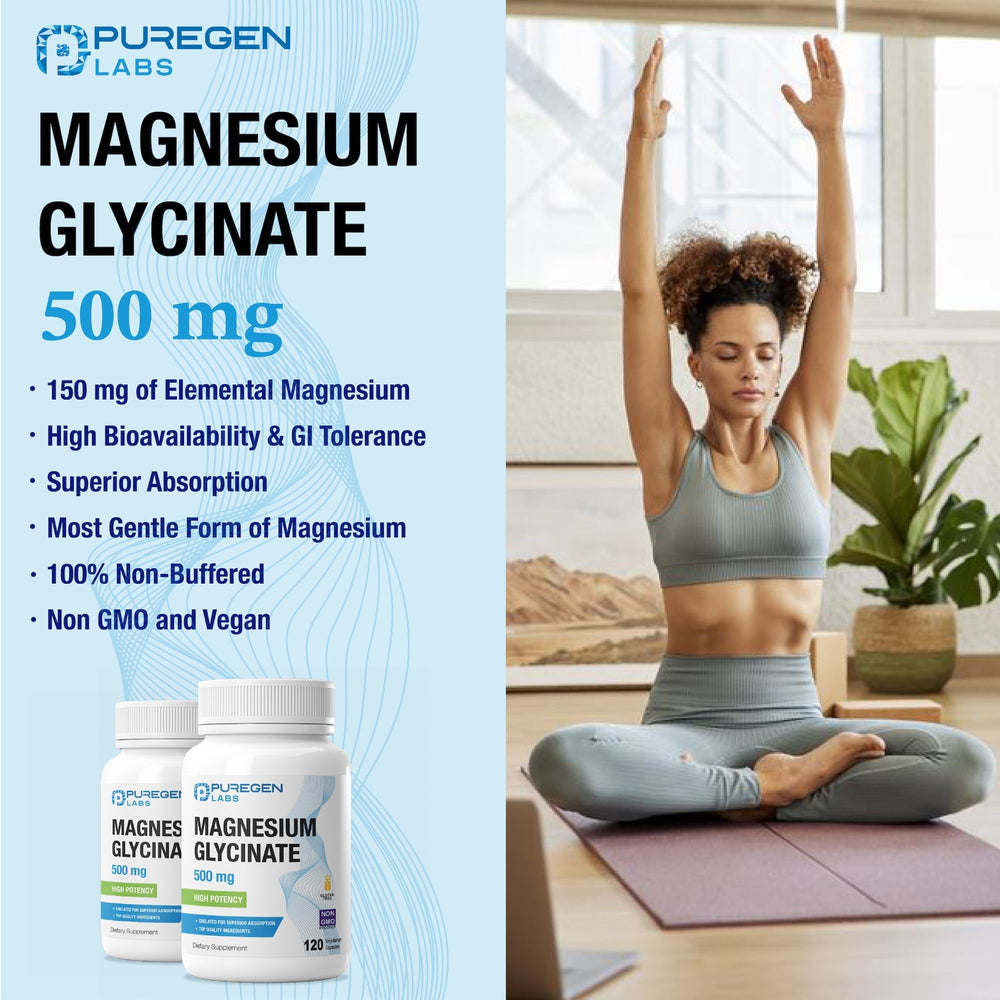 Close-up of Puregen Labs Magnesium Glycinate 500mg capsules highlighting chelated form