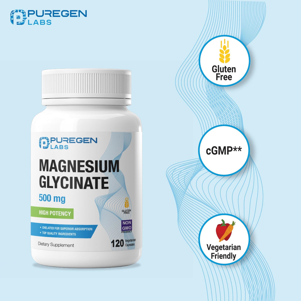 US-made quality seal on Puregen Labs Magnesium Glycinate 500mg veggie caps bottle