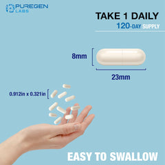 Puregen Labs Magnesium Glycinate 500mg veggie caps in hand suggest convenient daily use.