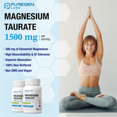 Side-view of Puregen Labs Magnesium Taurate 1500mg bottle for convenient packaging.