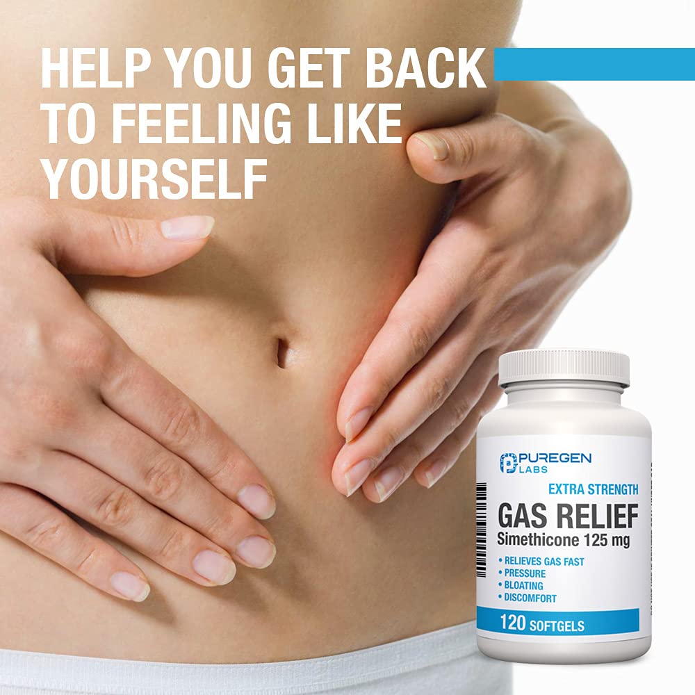 Graphic showing Puregen Labs relief from bloating and abdominal pressure.