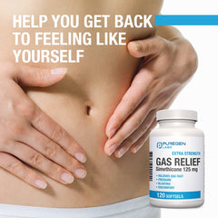 Graphic showing Puregen Labs relief from bloating and abdominal pressure.