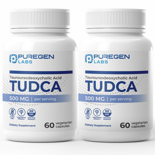 Puregen Labs TUDCA 500mg bottle with clear label for daily liver support