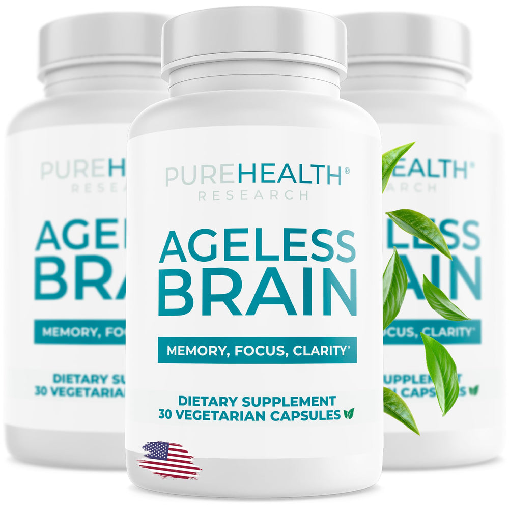PUREHEALTH RESEARCH Ageless Brain bottle label highlights premium packaging for memory support.