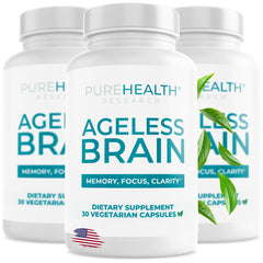 PUREHEALTH RESEARCH Ageless Brain bottle label highlights premium packaging for memory support.