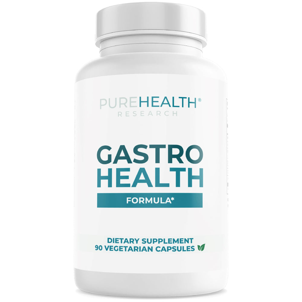 PureHealth Research Gastro Health Formula bottle shown on table for reflux support