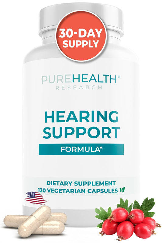 PureHealth Research Hearing Support Formula bottle shown for daily use.