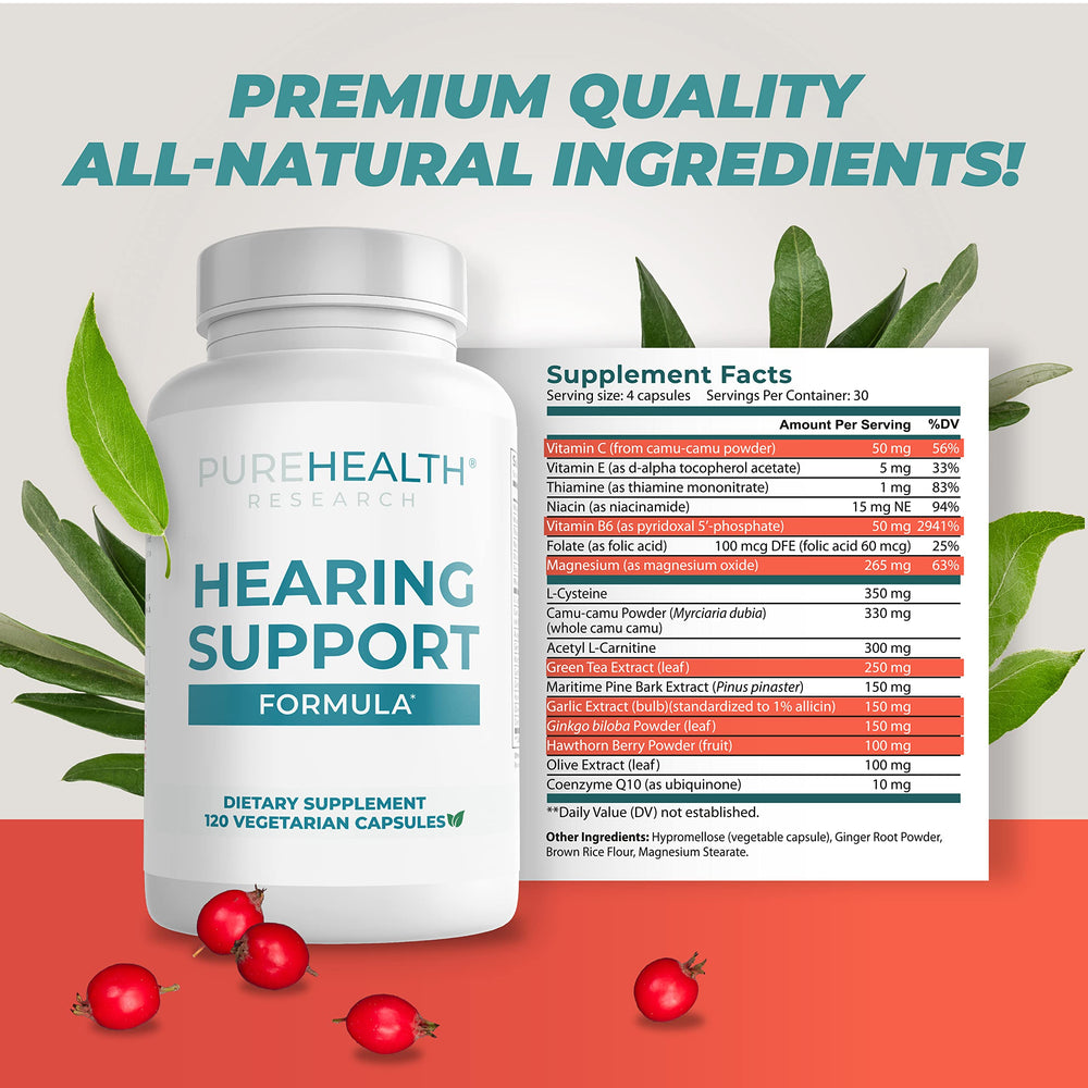 PureHealth Research Hearing Support Formula label closeup highlights its ingredient focus.