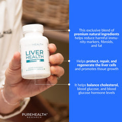 PUREHEALTH RESEARCH Liver Health dandelion illustration highlights toxin flushing and hydration