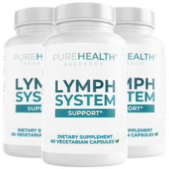 PureHealth Research Lymph System Supplement bottle for daily lymph support and leg comfort.