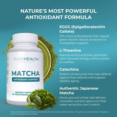 PUREHEALTH RESEARCH Matcha packaging label emphasizes organic ceremonial-grade quality
