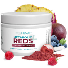 PureHealth Research Reds Superfoods Powder bottle on kitchen counter for natural energy