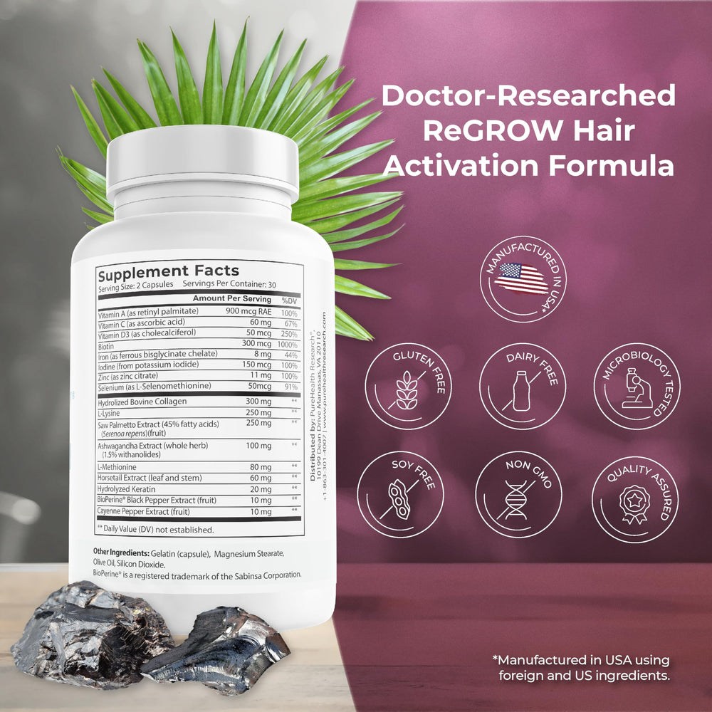 PUREHEALTH RESEARCH ReGrow bottle label emphasizes quality and safety for hair care.