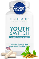 PureHealth Research Youth Switch bottle with capsules for daily longevity support.