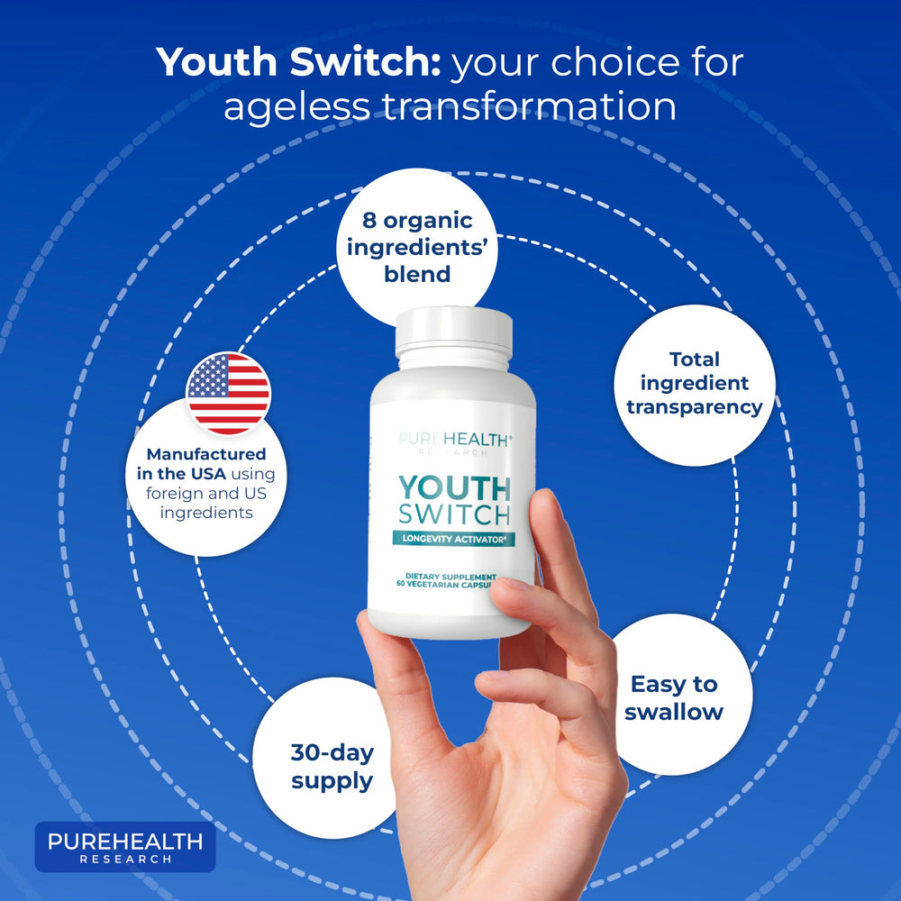PureHealth Research Youth Switch label shows gluten-free and non-GMO certifications.